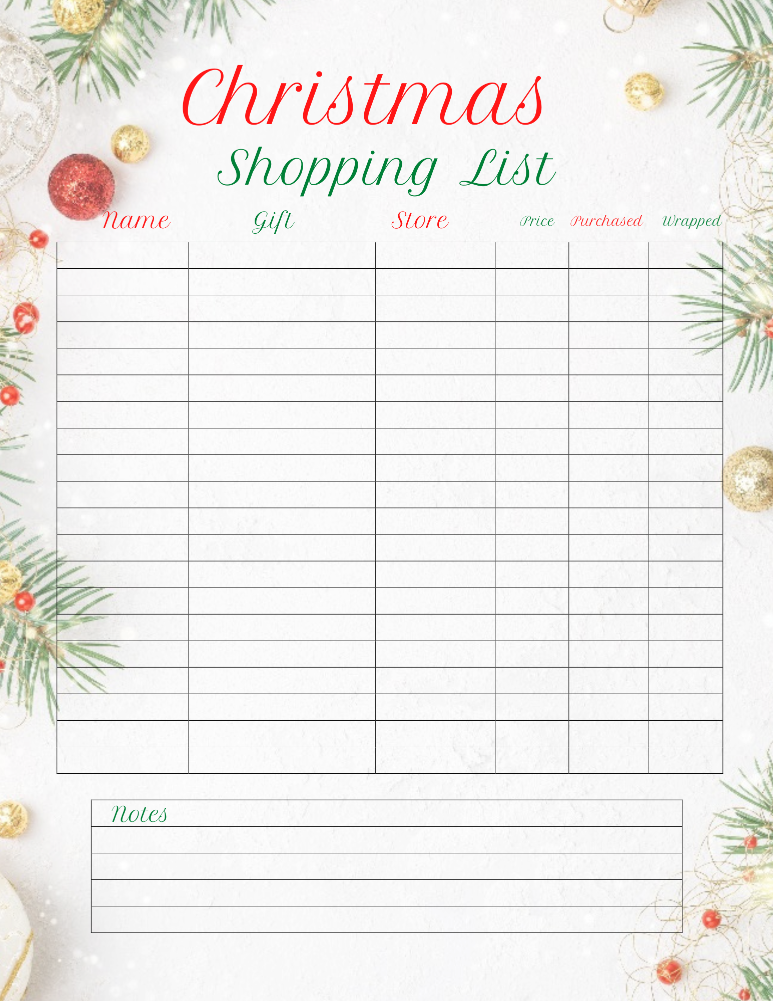 Christmas Gift Shopping List